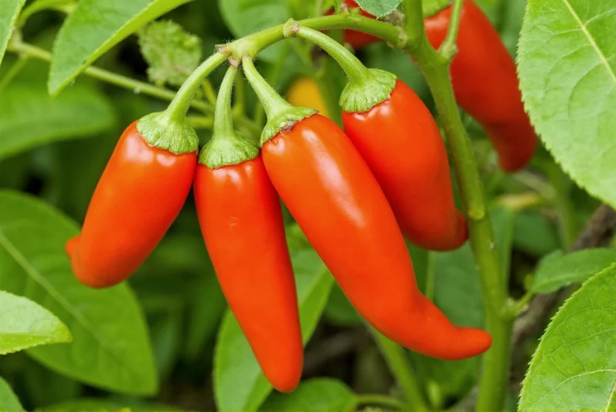 Close-up view of mature Red Savina peppers growing on plant, showing their distinctive elongated shape and vibrant orange-red color against green foliage