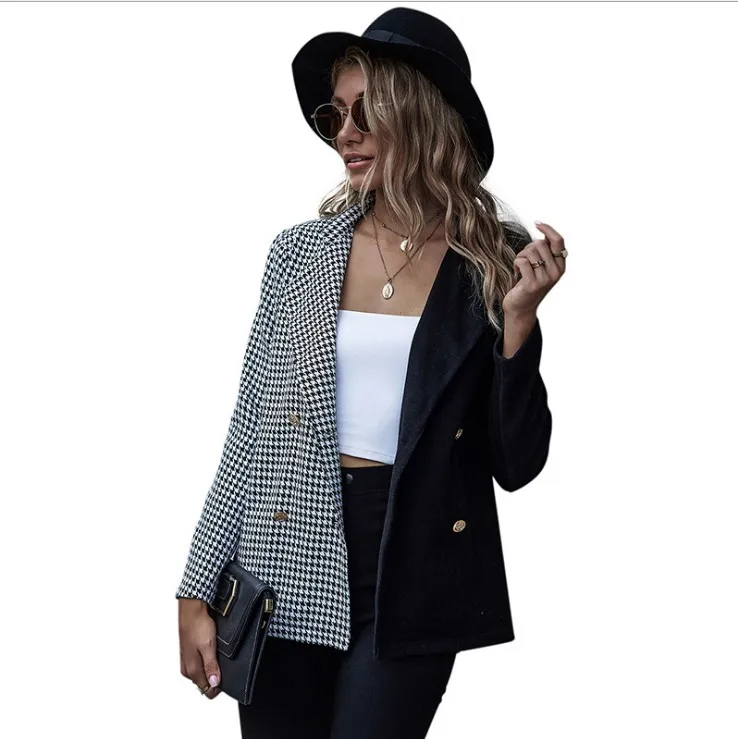 

2020 Wholesale two-color stitching swallow gird suit casual jacket ladies women fall/winter lapel suit