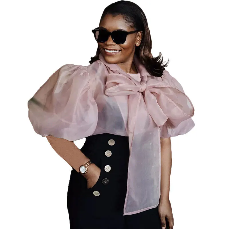 

91202-MX11 sexy transparent summer bow tie Lantern sleeve design women blouse