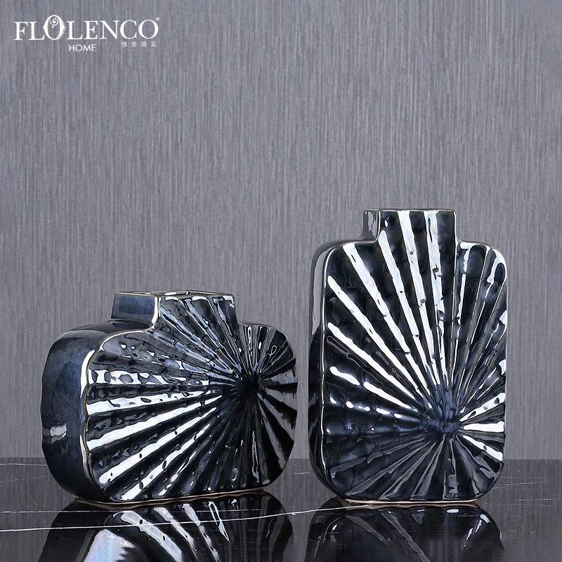 

Dark Blue Geometry Flower Vases Big Shell Grain Chinese Ceramic Vases For Home Decor