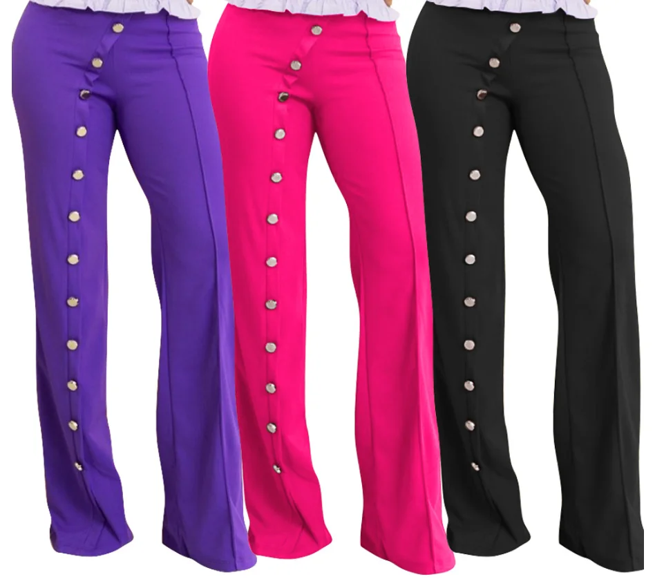 

YY6599 Fashion new button decoration solid color mid-waist casual womens business pants