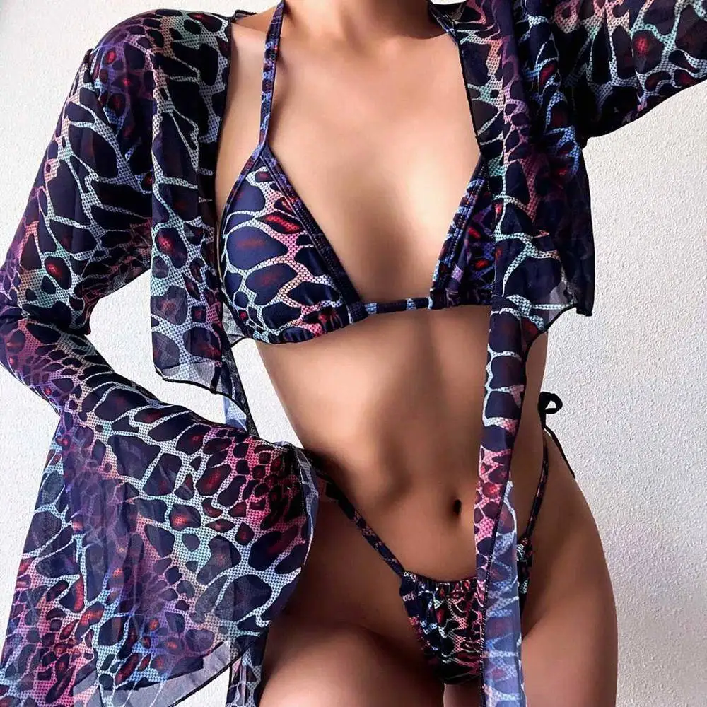 

2021 Custom African Printed Leopard Printed Overall Swimwear Women 3 Pieces Bikini Set With Halter Neck Tie Side Brief