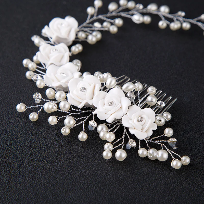 

Bridal Wedding Crystal Bride Hair Accessories Pearl Flower Headband Handmade Hairband Beads Decoration Hair Comb For Women