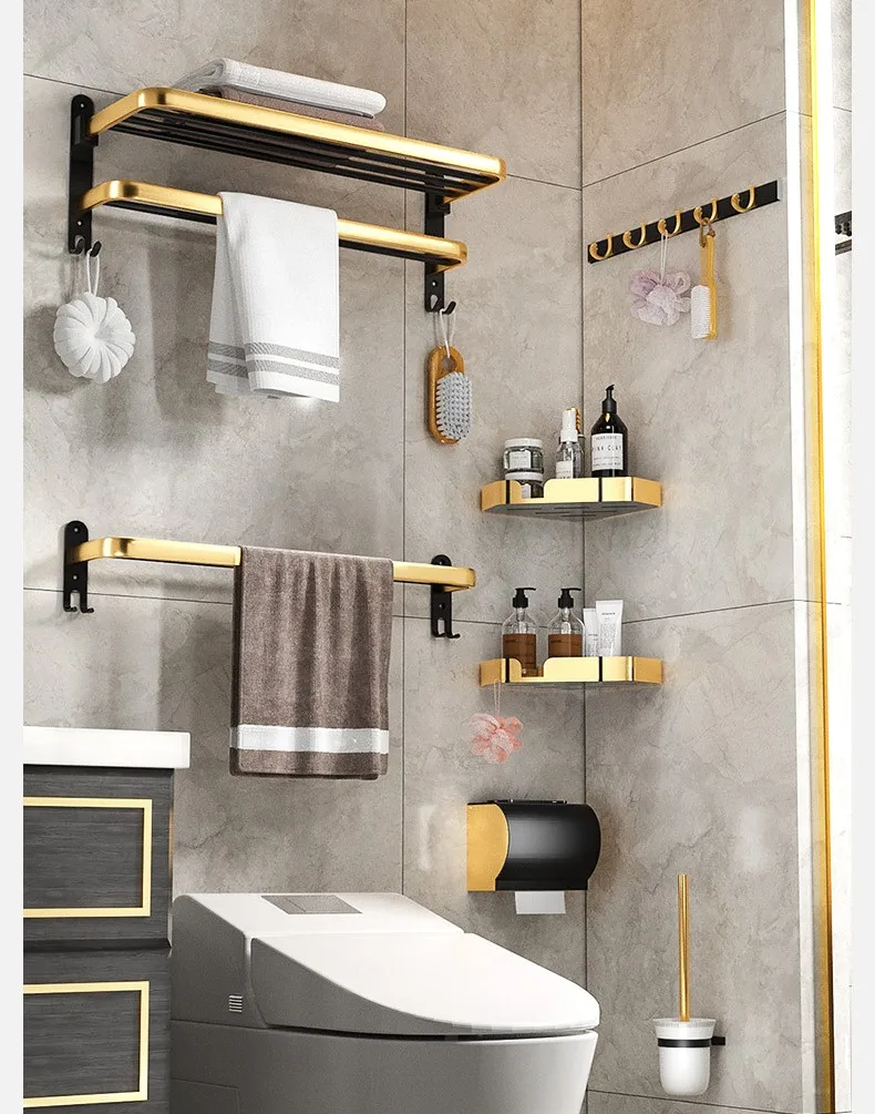 

Shelf set high quality light luxury space aluminum bathroom supplies 3-piece shelf set, Black gold