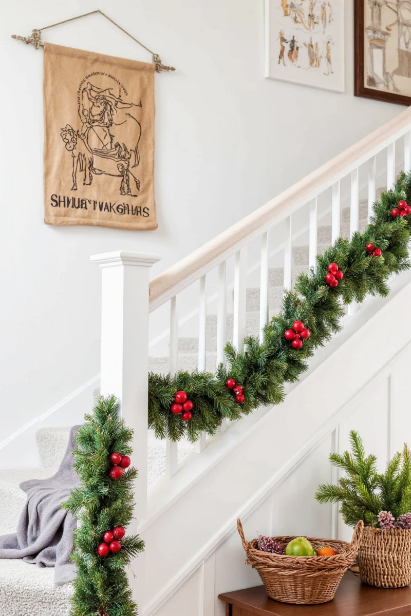 Plush toy garland on staircase