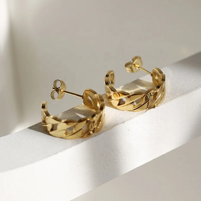 

Hypoallergenic Stainless Steel Stud Earrings 18k Gold Plated C Shape Hollow Cuban Link Chain Earring Women Waterproof Jewelry, Gold and silver