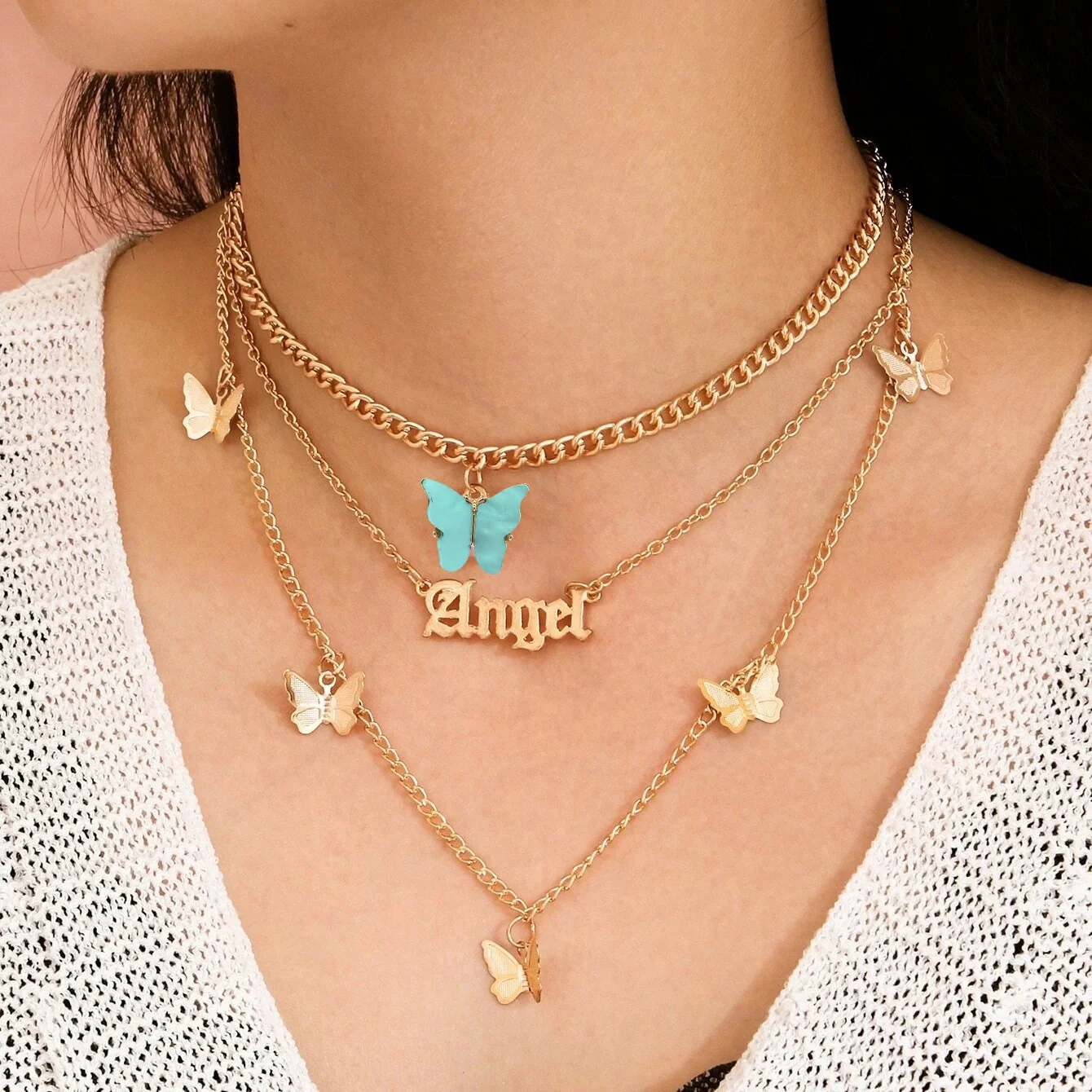

Popular alloy butterfly English three - piece necklace clavicle chain
