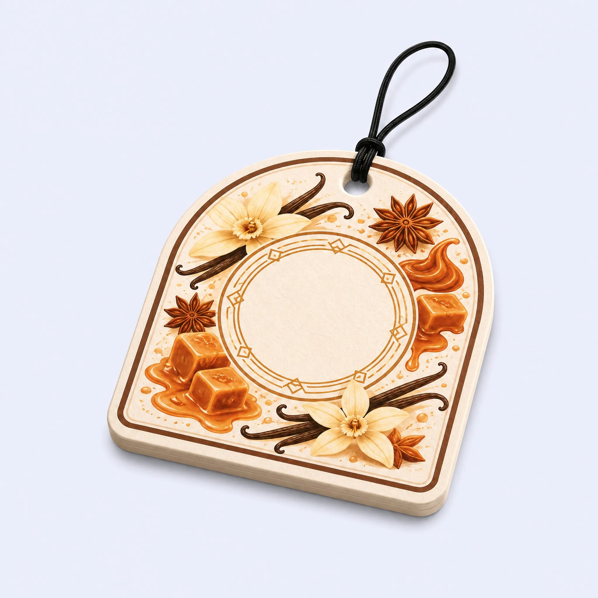 45-Degree Standing View of Arched Vanilla Caramel Car Air Freshener Card
