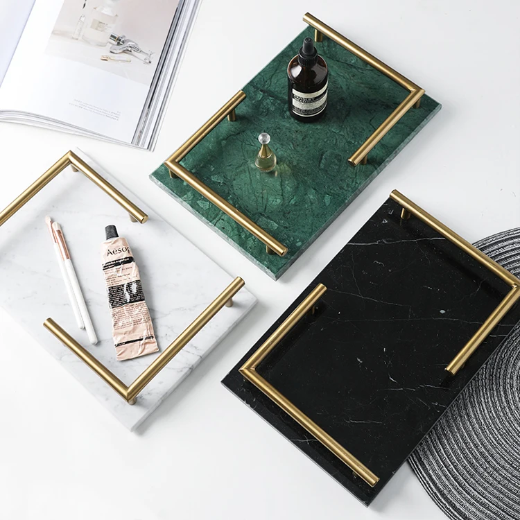 New Style Rectangle Natural Marble Serving Jewelry Storage Tray with Gold L Shape Handles 30x20cm for Home & Hotel Use
