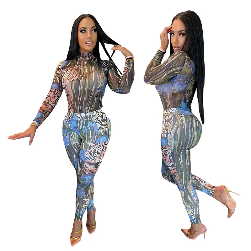 

L022 Autumn winter new fashion elastic printing sexy net yarn jumpsuit