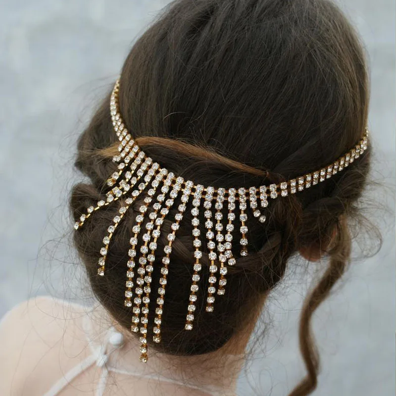 

Wholesale Bling Women Color Gold Color Rhinestone Headband Hair band Tassel Head Accessories Headwear Wedding Bridal Jewelry, Gold silver color