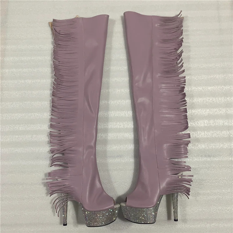 

Rncksi 7 "- 17cm super high heel diamond tassel long boots AB diamond sole shoes A tassel on the side, Black/beige/dark red/brown/any color