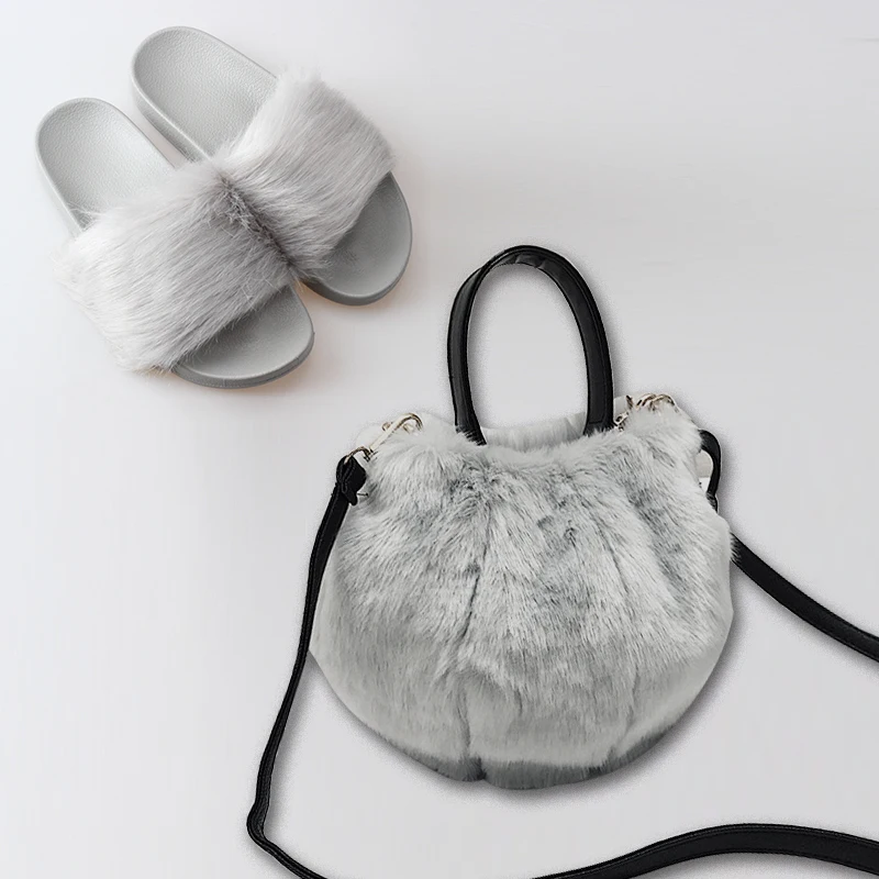 

Women Faux Sandals Custom Purses And Slippers Sets Lady Crossbody Bag Grey Fur Slides, Black/white/pink/grey