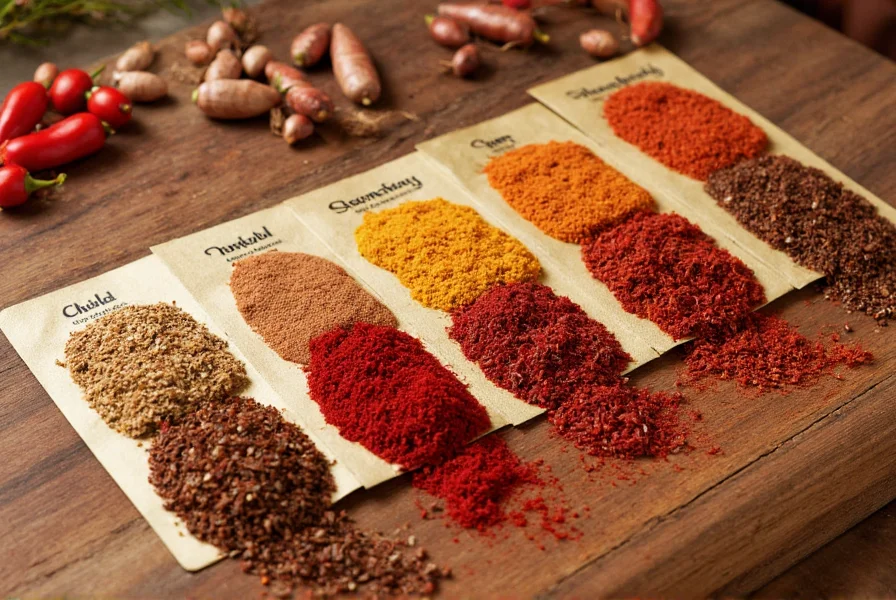 Comparison of different chili seasoning packets arranged on wooden table with spices