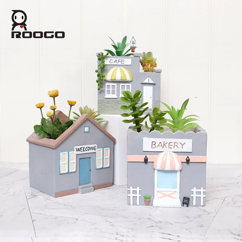 

Roogo Lugang Town Pots Cute House Shaped Resin Flower Pot Home Garden Decoration Plant Pot For Plants