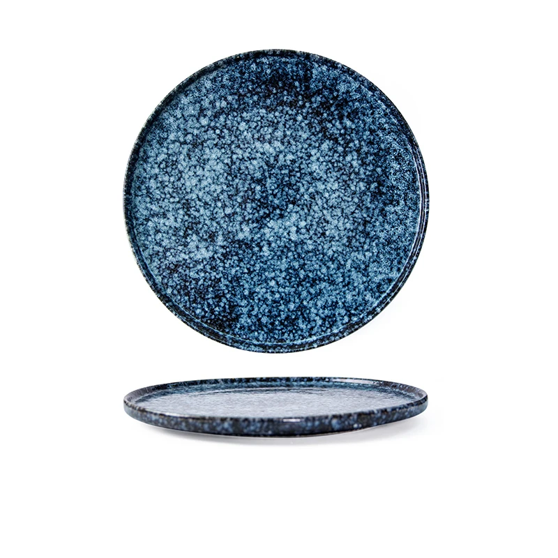 

bround black skyblue flat base 10 inch ceramic pastry dessert stackable Steak dinner plate wiht rim tablewave custom logo, Blue