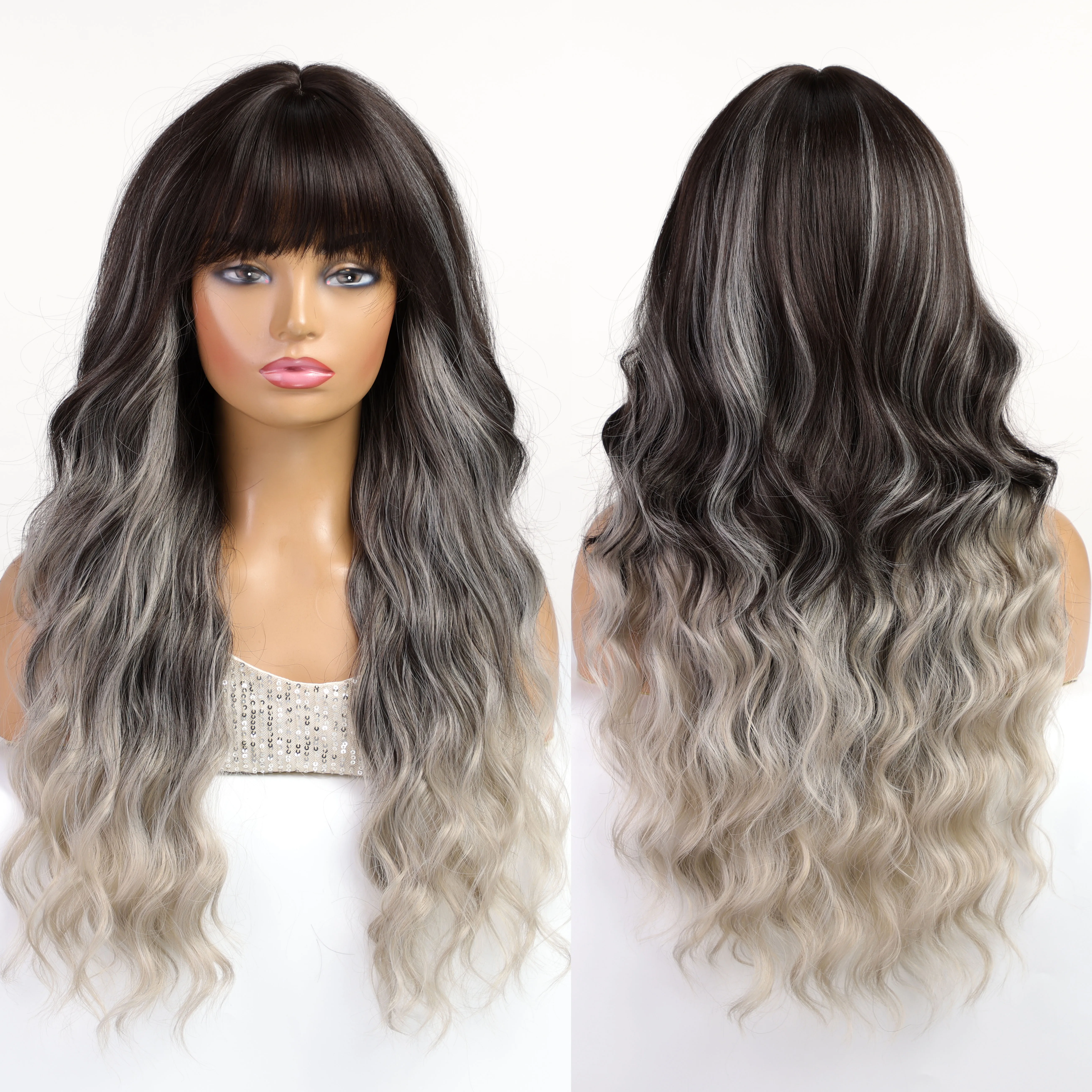 Future Fiber Black Gradient Grey Wave Curly Hair Synthetic Wig Women's Curly Hair Heat Resistant Soft Matte Wig High Density