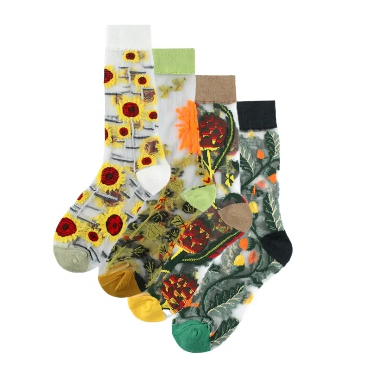 

Summer Female Transparent sock flowers Embroidery Socks Women Fashion Glass Silk Short Socks, Multi color