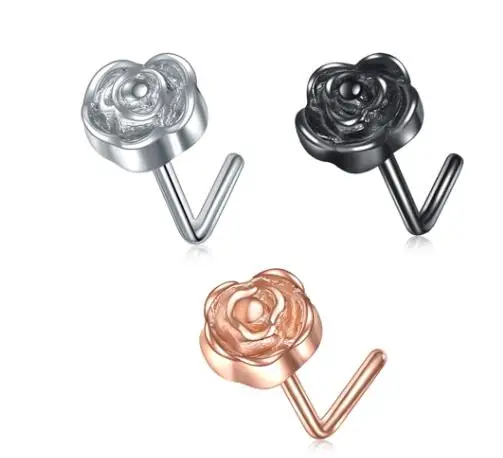 

3pcs/lot Steel Mixed Colors Nose Ring Nariz Earrings Nostril Piercings Rose Flower Nose Screw L Shape Nose Stud Body Jewelry 20G