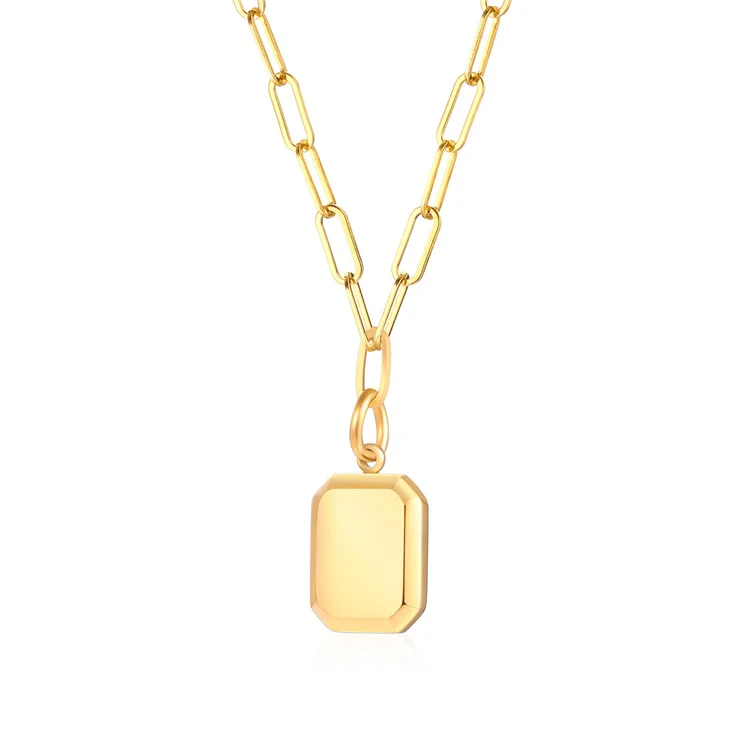 

Fashion dainty 18k gold plated women sexy necklace custom logo engraved blank rectangle charm pendant necklace