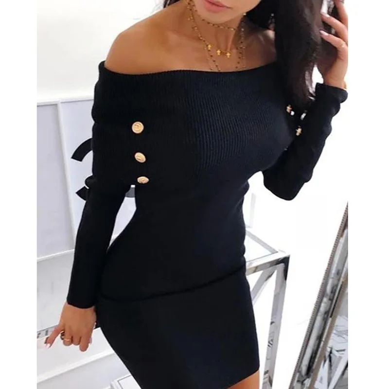 

Autumn High Quality Women off shoulder bodycon black fashion Midi casual dresses in 2022 she in, 1 color