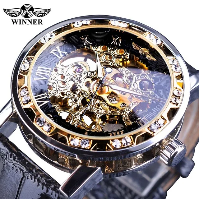 

Winner Watch Luxury Transparent Case Casual Leather Strap Mens Watches Fashion Brand Mechanical Skeleton Men Watch Montre Homme, 6-colors