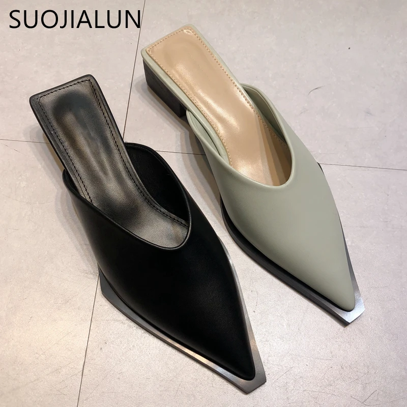 

SUOJIALUN Brand Design Women Slipper 2021 Spring Ladies Slip On Mules Shoes Pointed Toe Low Heel Sandal Outdoor Casual Slides