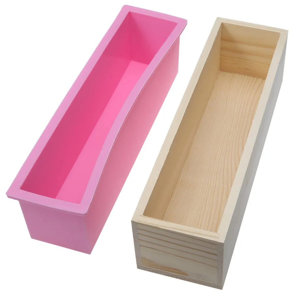 

2020 Best Selling Custom Best Sales Rectangle Silicone Soap Molds Flexible Soap Loaf Molds with Wood Box for Making Soap, Pink and purple or custom color