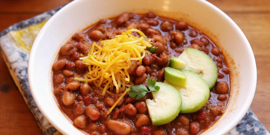 Various chili toppings including sour cream, avocado, and jalapeños