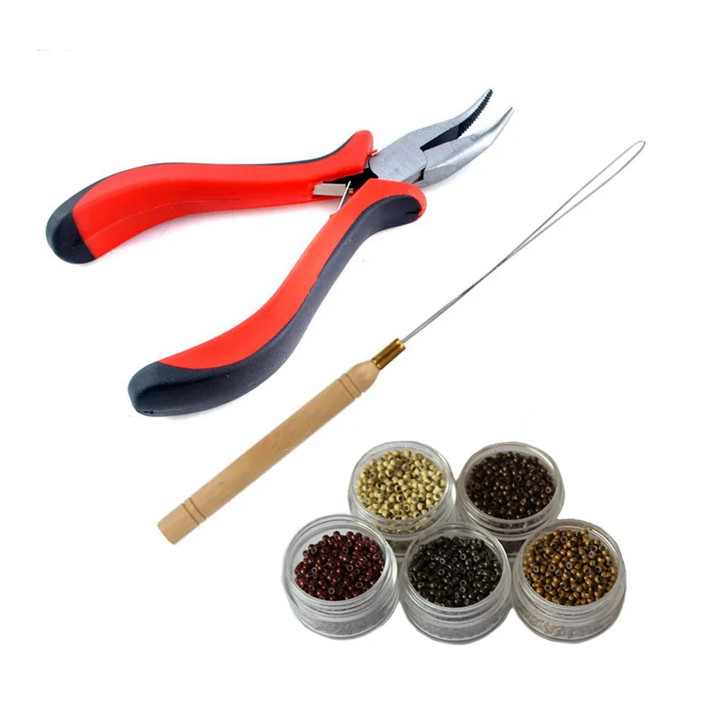 

500pcs Silicone Lined Micro Pearl Rings Pliers Tool Kit Crochet Hooks Needles Hair Extensions Set, Same as photo