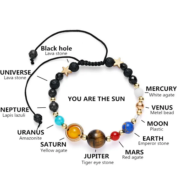 

Adjustable Braided Rope Natural Lava Stone Universe Eight Planet Bracelet Energy Solar System Beaded Bracelet, As picture