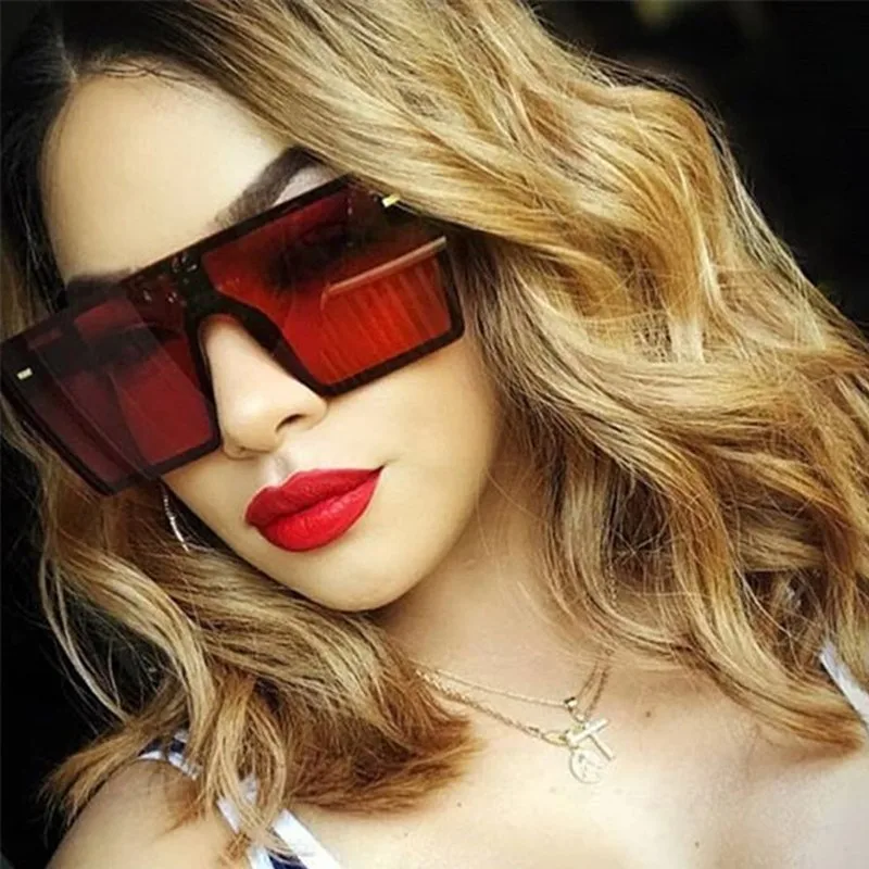 

Oversized Square Sunglasses Women Luxury Brand Fashion Flat Top Red Black Clear Lens One Piece Men Gafas Shade Mirror UV400
