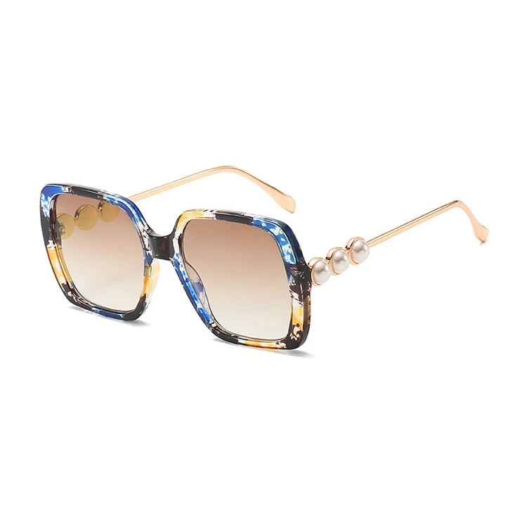 

newest Popular fashion shades women sunglasses Metal leg Pearl Oversized frame Square Sunglasses