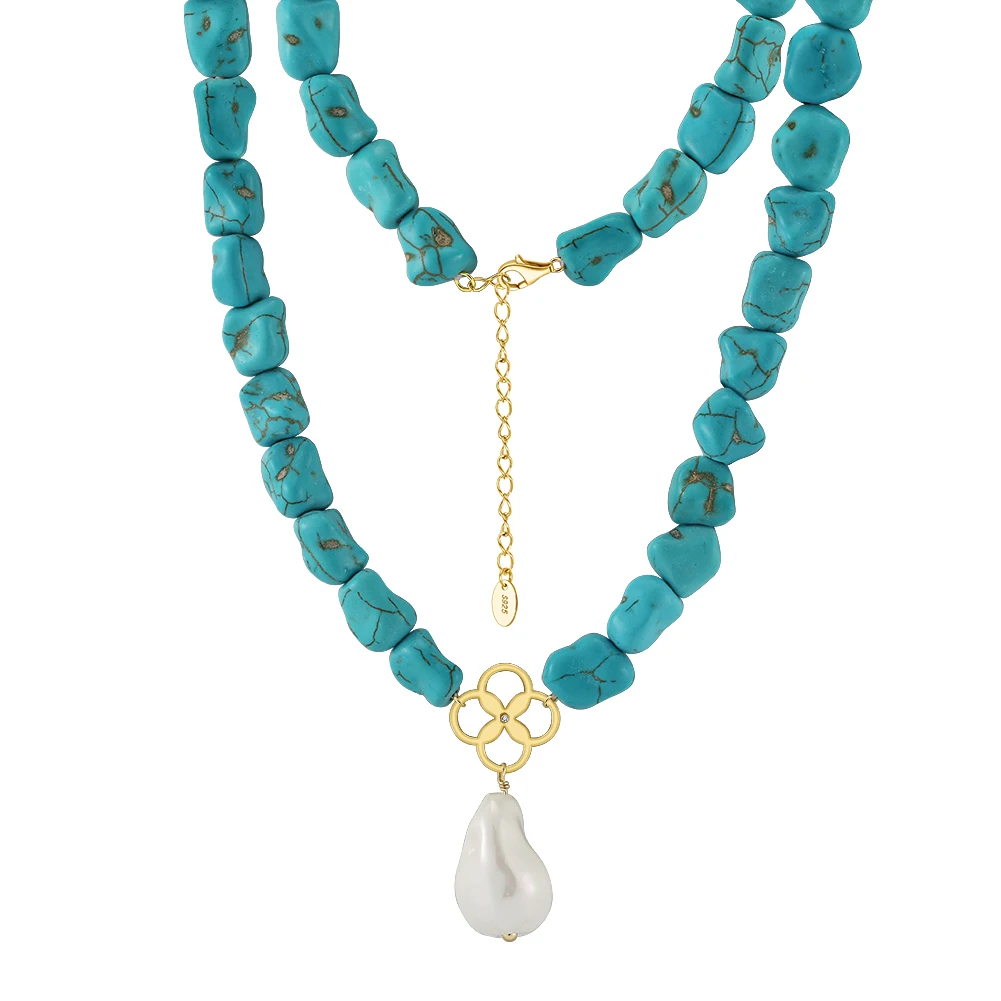 GMN48 Clover Gemstone Natural Turquoise Beaded Necklace Handmade Pearl Pendant 925 Silver Necklace