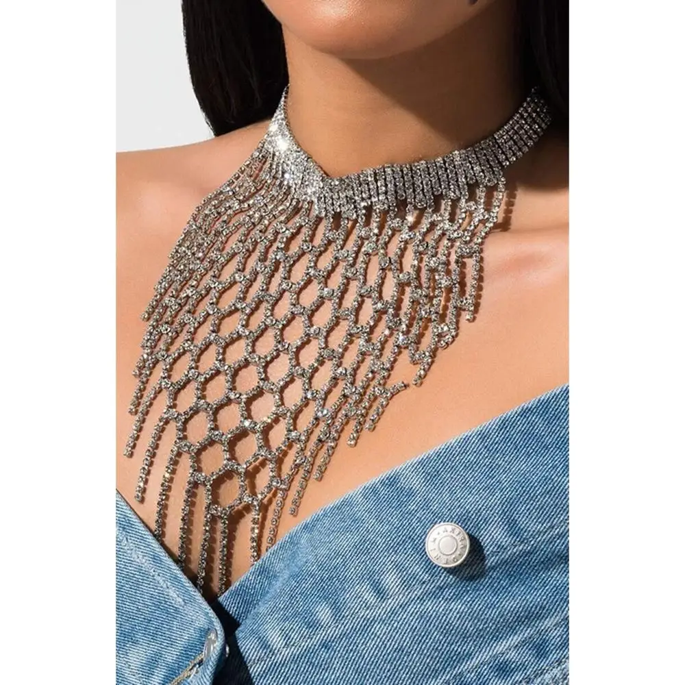Barlaycs Fashion Luxury Dainty Wedding Party Long Crystal Diamond Rhinestone Choker Necklace Women Tassel for Evening dress