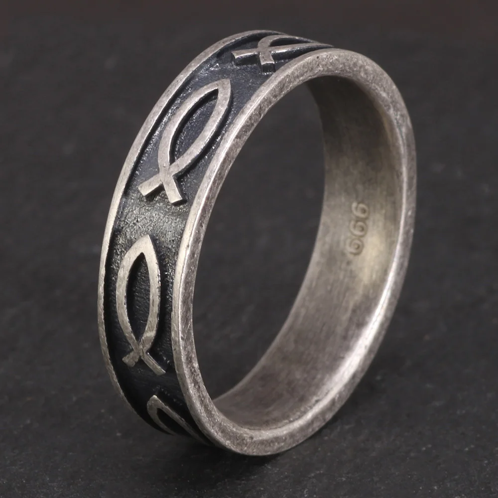 

100% Real 999 Sterling Silver Jesus Fish Ring For Men Women 7 Fishes Antique Processing Ichthys Ichtus Christian Jewelry