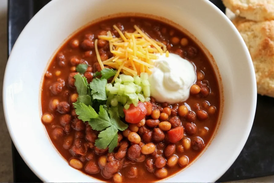 Quick chili recipe served in bowl with various toppings including cheese, sour cream, and cilantro