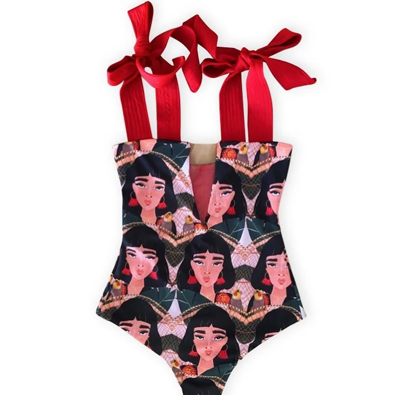 

New Arrival One-Piece Printed Sexy Swimsuit For Woman modern abstract swimwear beachwear wholesale custom lady bandage bikini, Shown