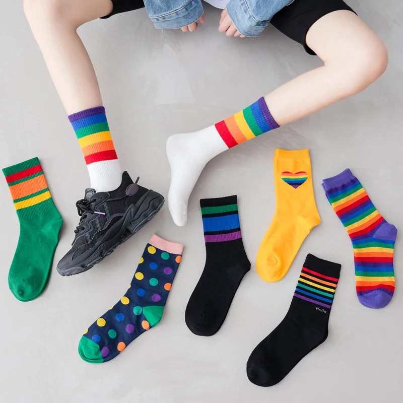 

Wholesale Ladies Fashion Socks Lesbian Bisexual Transgender Rainbow Stripe LGBT Gift Party Casual Cotton Spandex Socks, 8 choices