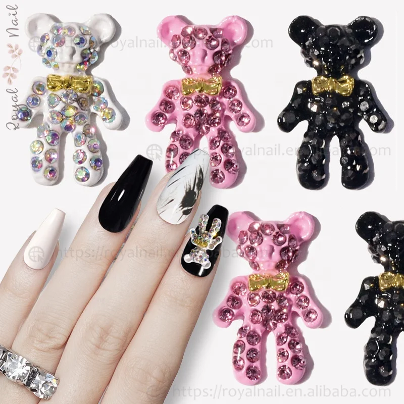 

3D Alloy Rhinestone Pink White Black Cute Bear Beauty Nail Art Accessories
