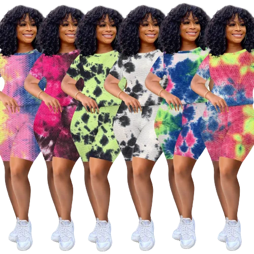 

2021 Ladies High Waist Fitness Workout Yoga Shorts Leggings and T-shirt Tie Dye Bodycon Stretch Sports Running Yoga Shorts