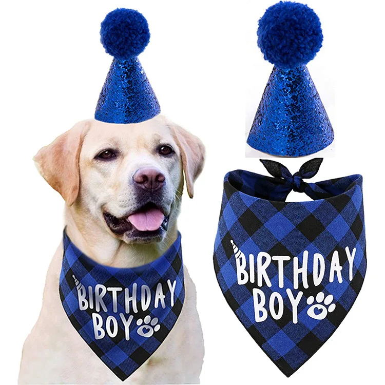 

Amazon hot selling dog birthday party supplies pet birthday hat boy handmade cloth puppy birthday bandana scarf set
