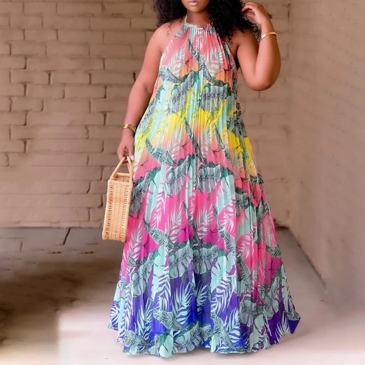 

Bohemian Style Casual Print Vacation Backless Halter Sleeveless Maxi Dresses Plus Size Summer Vacation Outfits For Woman -YS, Blue