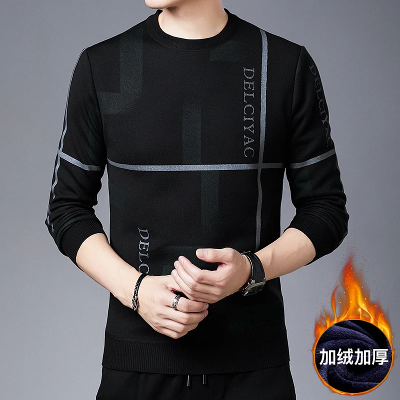 

Man's Winter New Arrival Casual Style long sleeve fleece inside warm pullover sweater, Black, beige.navy,white