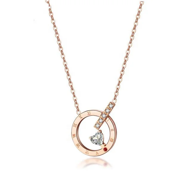 

Creative Fashion Jewelry Top Zircon Roman Numerals 316L Stainless Steel Jewellery Women Love Heart Necklace, Rose gold