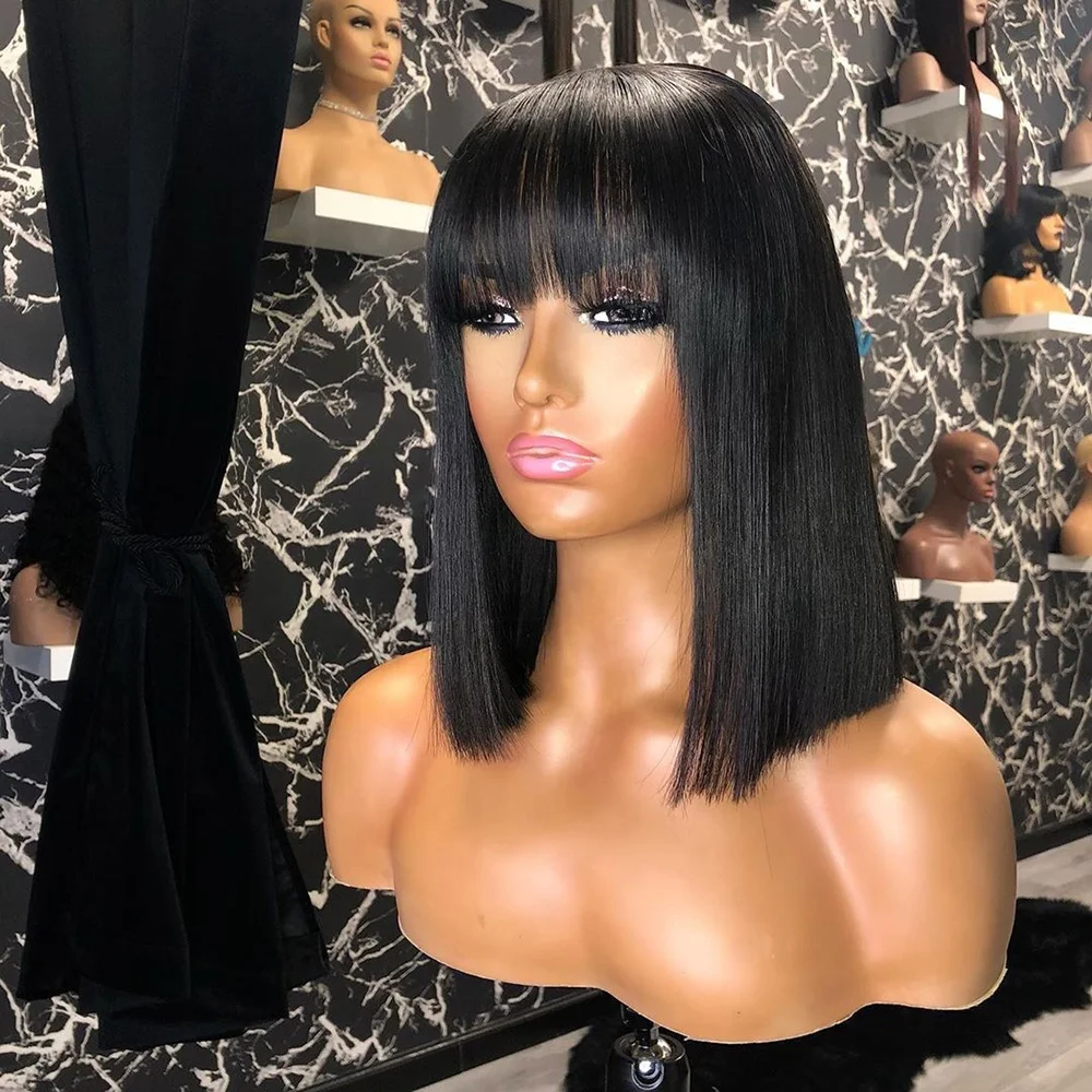 

Natural Pre Plucked #1B Color Short Bob Wigs with Bang Virgin Cuticle Aligned Human Hair Lace Frontal Wig