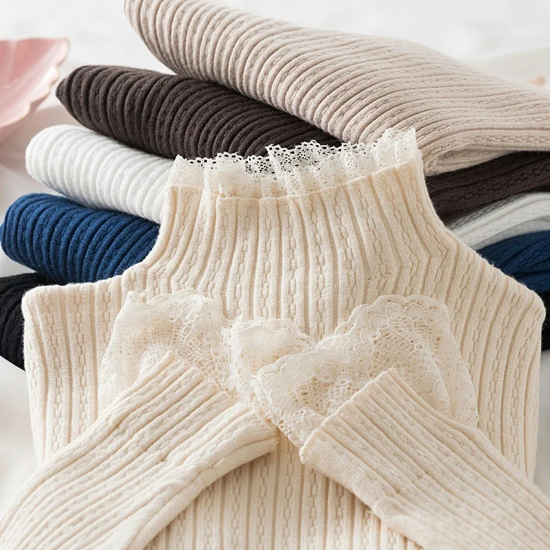 

2021 Basic Mock Neck Solid Autumn Winter Lace Sweater Pullover Women Female Knitted Sweaters Slim Long Sleeve Badycon Sweater