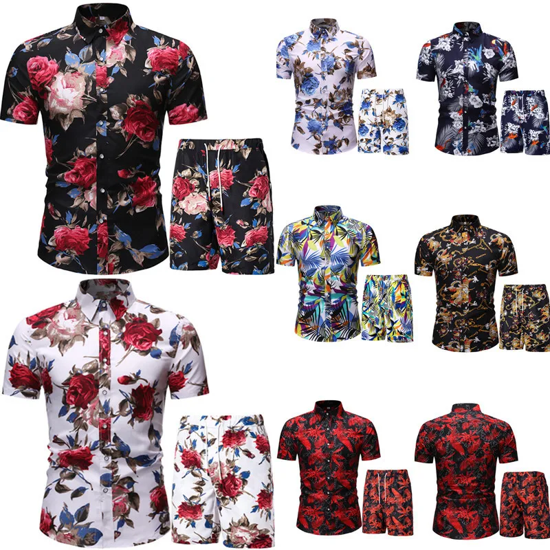 

Hot Wholesale Summer Full Print New Hawaiian Beach Wear Two Piece Mens Shirts and Shorts Set, 8colors