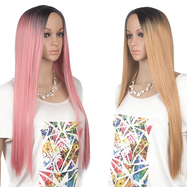

Synthetic Bone Long Straight Wig Silky Straight Wig Heat Resistant Hair Extensions Middle Part Ombre Colored Cosplay Wigs, Pic showed