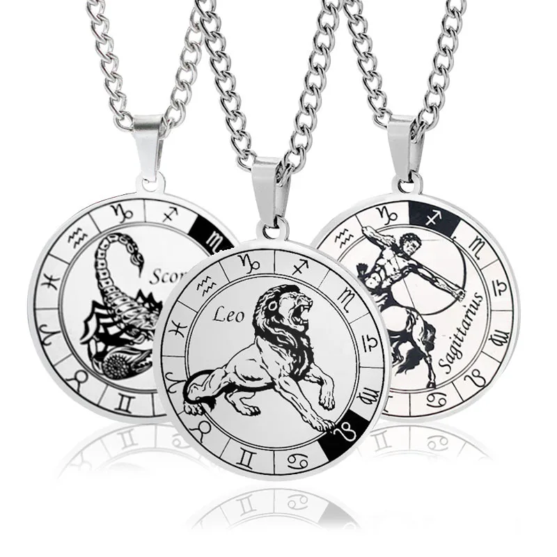 

2022 New Updated Jewelry Engraved Horoscope Round Coin Disk Pendant Custom Stainless Steel Men Zodiac Necklace, Picture shows